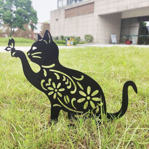 Cat Metal Garden Stake 11x12 Inch 2D Iron Kitten Garden Stakes Decorative Black Cat Silhouette Cat Decor for Outside