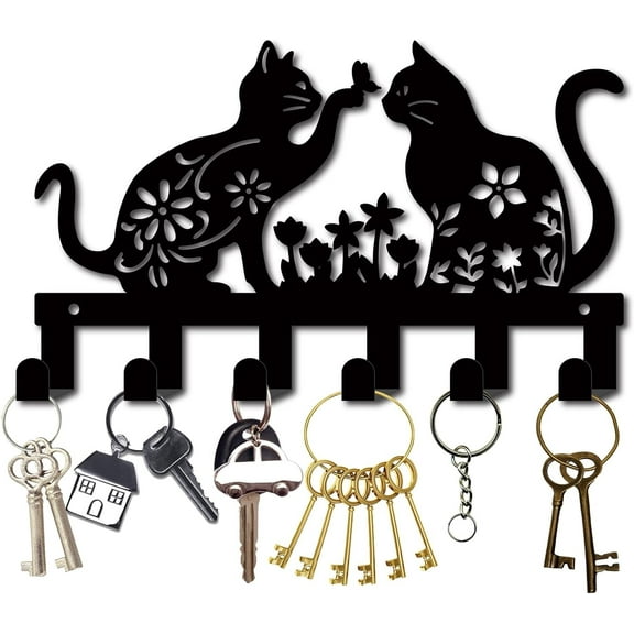Cat Metal Key Holder for Wall Mounted Key Hooks Iron Key Hanger Holder with 6 Hooks Metal Key Hanging Organizer Black Rack Wall Decor for Entryway Front Door Hallway Office 10.6x6.3Inch