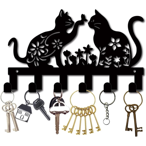 Cat Metal Key Holder for Wall Mounted Key Hooks Iron Key Hanger Holder with 6 Hooks Metal Key Hanging Organizer Black Rack Wall Decor for Entryway Front Door Hallway Office 10.6x6.3Inch Black