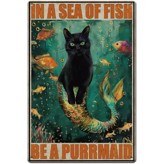 Cat Metal Tin Sign Fish Metal Posters Mermaid Black Cat Metal Painting Decor Fish Sea Personalized Iron Sheet Painting Decoration Kids Room Bathroom Wall Poster 8 * 12inch for DIY