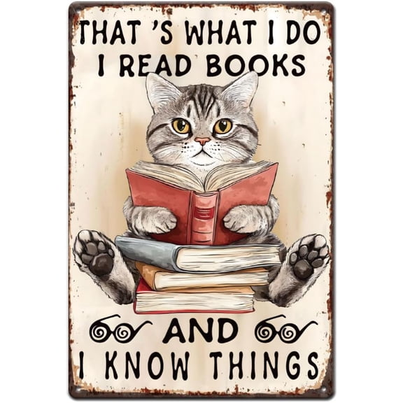 Cat Metal Tin Signs Reading Retro Metal Poster Funny Cat With Books Vintage Wall Art Decor Funny Quotes Tin Signs Wall Decor Plaque Sign for Library Classroom Nursery Study Room 30x20cm colorful