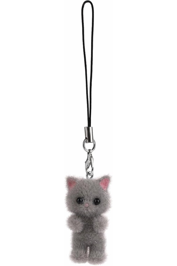 Cat Mobile Phone Pendant, Cute Charm Y2K Small Gray Fluffy Cell Keychain Aesthetic Charms for Backpack Keyring Purse Camera Decoration