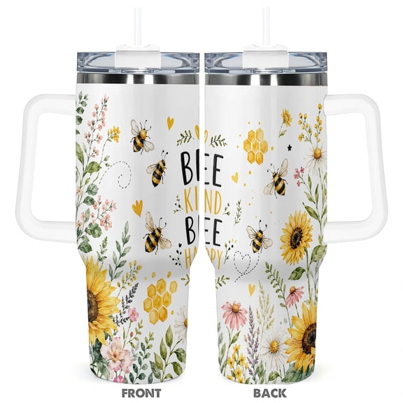 40oz Bee Kind Bee Happy Insulated Travel Tumbler With Handle and Straw Sunflower Bee Car Cup Gift for Women