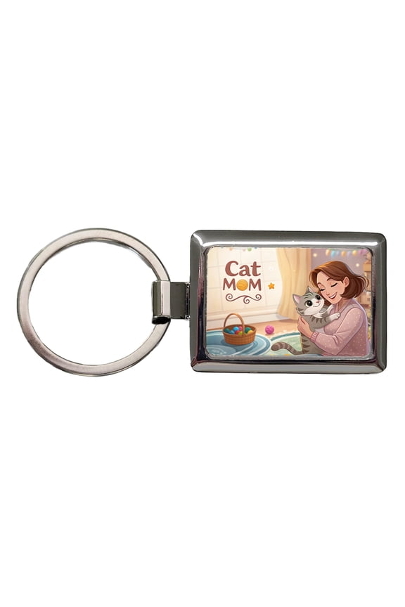 Cat Mom Cartoon Metal Rectangle Keychain