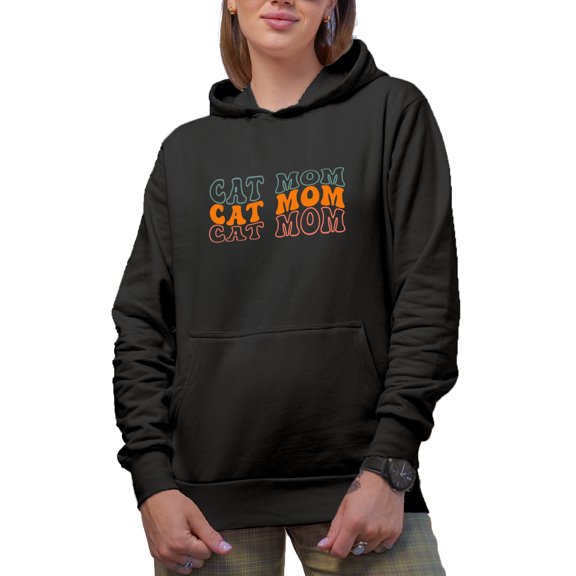 Cat Mom, Cat Owner or Lover Moms Themed, Groovy Retro Wavy Text Merch Gift, Black Hooded Sweatshirt or Hoodie, Medium