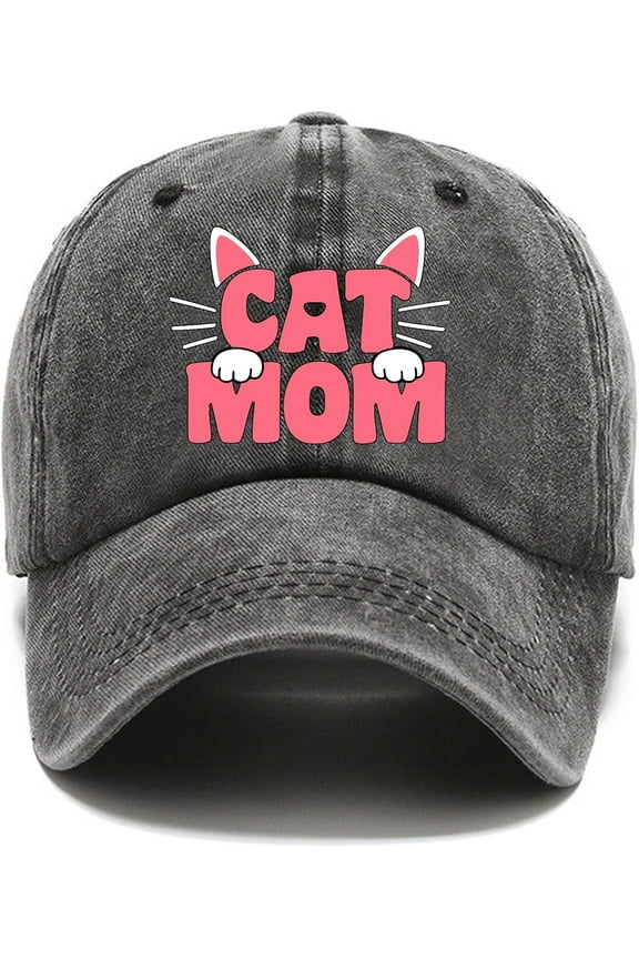 Cat Mom Distressed Washed Black Baseball Cap, Vintage Adjustable Cotton Cap, Birthday for Mom Grandma Sister, Funny Hat for Cat Lover Mom
