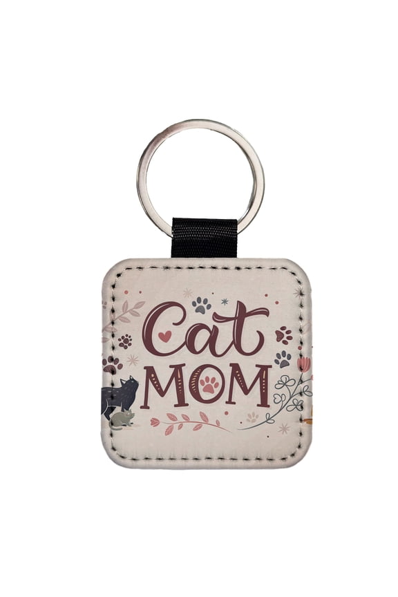Cat Mom Floral Paw Prints Faux Leather Square Keychain