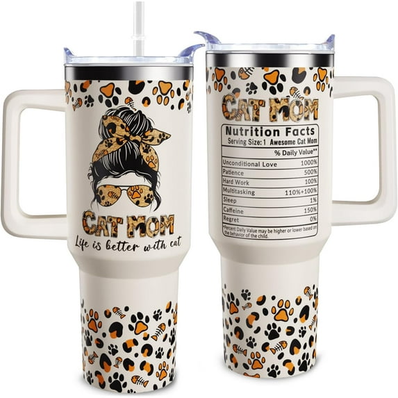 Cat Mom Gifts: 40oz Insulated Tumbler With Handle, Lid, Straw | Birthday, Christmas, Thanksgiving, Mother''s Day Gifts For Cat Owners & Lovers