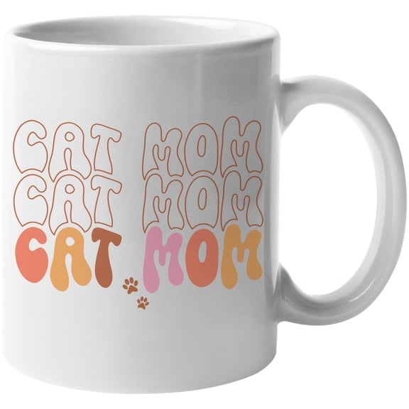 Cat Mom, Groovy Wavy Text Art Merch Gift, White 11oz Ceramic Mug