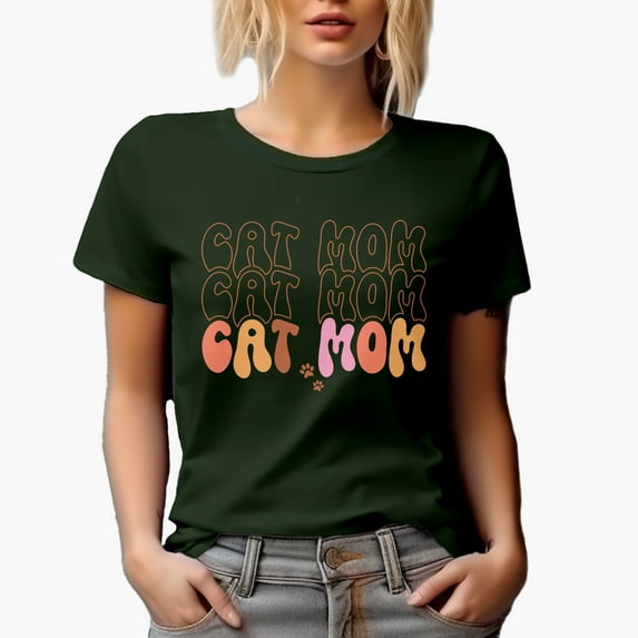 Cat Mom, Groovy Wavy Text Merch Gift, Military Green T-Shirt, Medium