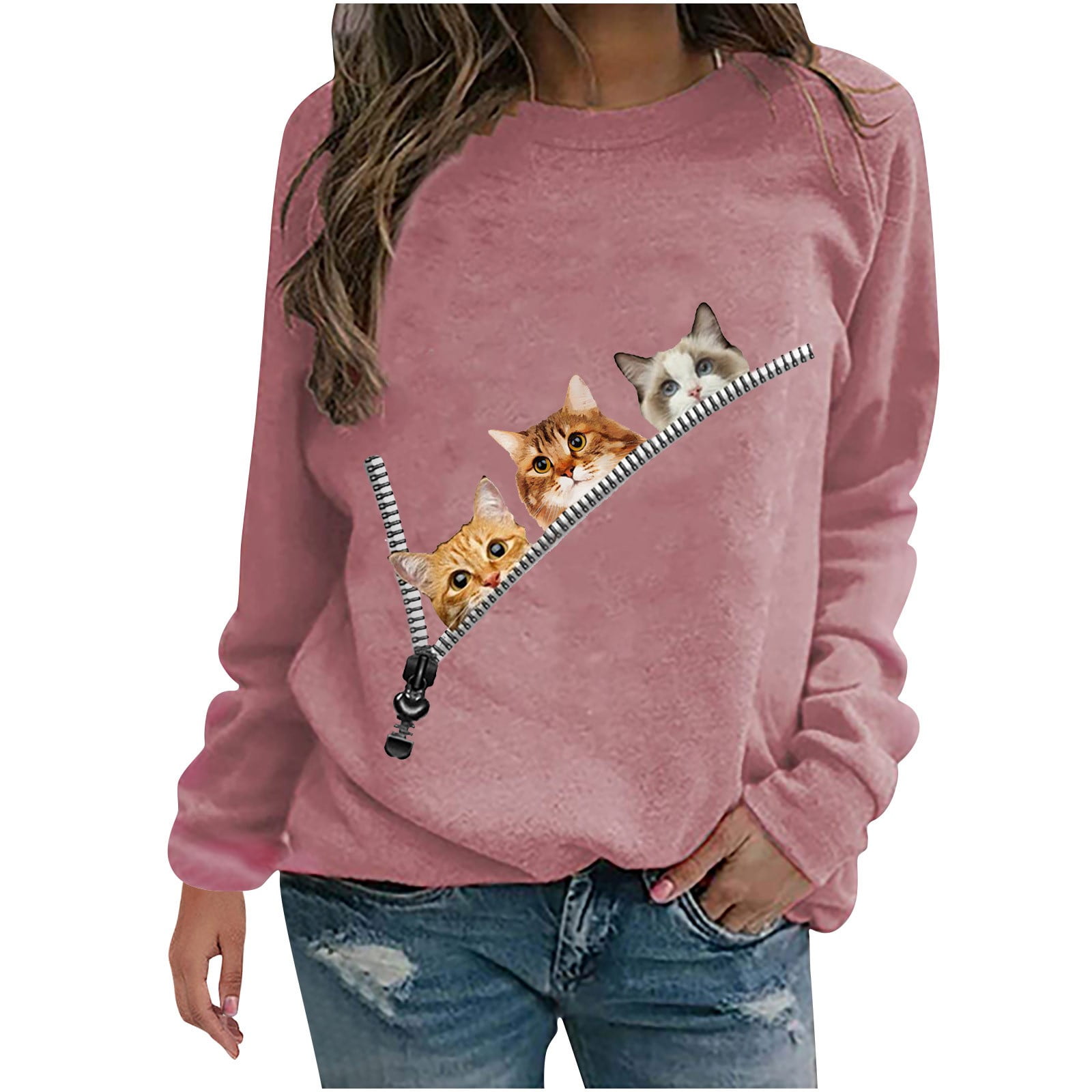 Cat Mom Long Sleeve Shirts for Women Kawaii 3D Cat Graphic Printed Fall ...