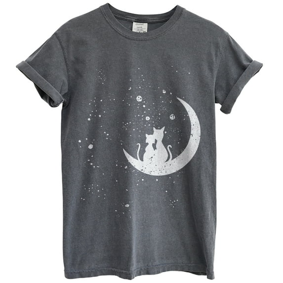 Cat Mom Moon Love Fun Graphic Tee T-Shirts for Women Men, Short Sleeve Tops - Vintage Pepper
