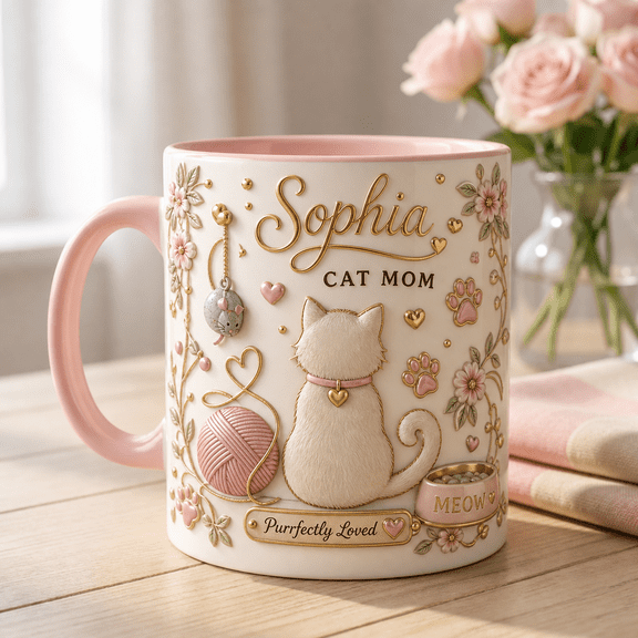 Cat Mom Mug with 3D Effect Personalized Name, Floral Paw Print Coffee Cup Gift