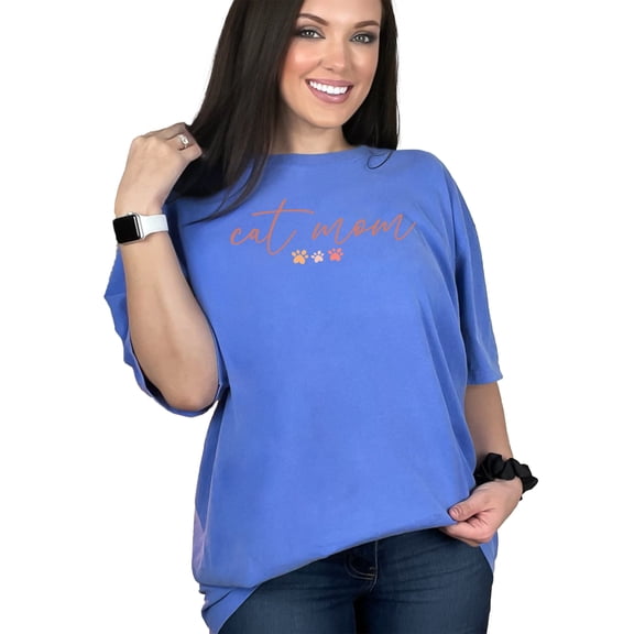 Cat Mom & Paws Art Merch, Flo Blue Comfort Colors T-Shirt, Large