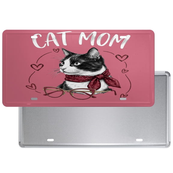 "Cat Mom" Pink Tuxedo Cat Decorative License Plate - 6x12in, Waterproof Car Accessory, Perfect Gift for Cat Lovers