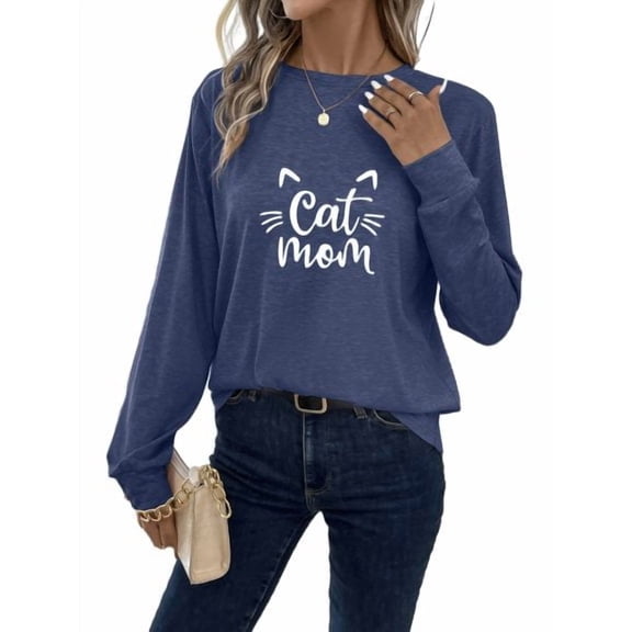 Cat Mom Print T-shirt, Casual Long Sleeve Crew Neck Top For Spring & Fall, Women's Clothing