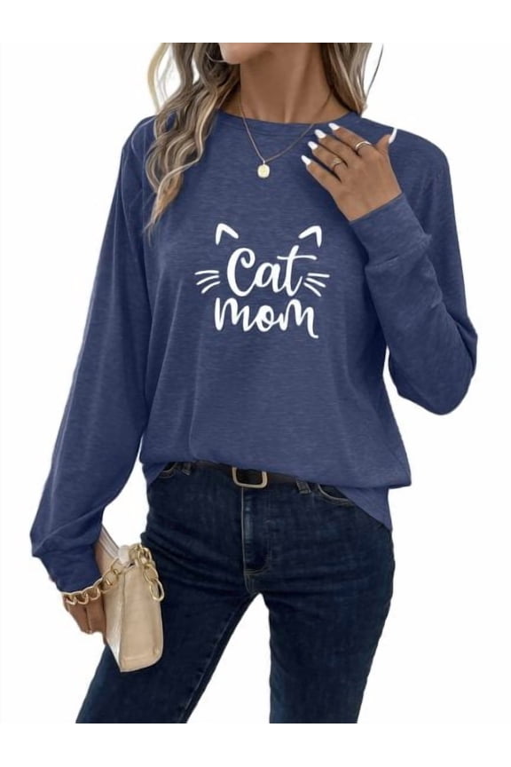Cat Mom Print T-shirt, Casual Long Sleeve Crew Neck Top For Spring & Fall, Women's Clothing