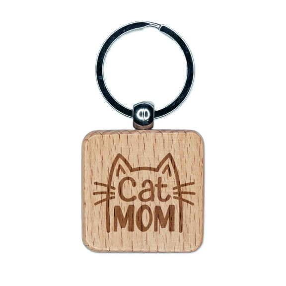 Cat Mom Square Keychain Charm Tag - Engraved Wood