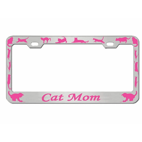 Cat Mom Style Cat Lovers Metal License Plate Frame Personalized/Car Accessories Car Tag Holder Cover (Chrome/D.Pink)