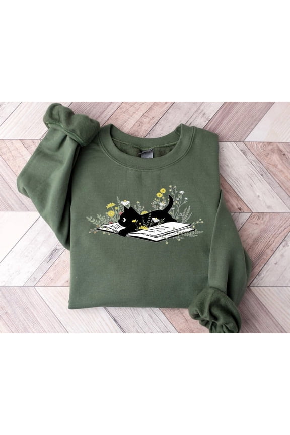 Cat Mom Sweatshirt, Cat Lover Sweatshirt, Cute Book Cat Sweatshirt, Floral Book Sweatshirt, Book Lover Sweat, Cat Themed Gifts For Women