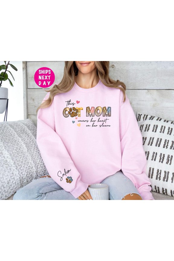 Cat Mom Sweatshirt, Personalized Cat Name Sweater, This Cat Mom Wears Her Heart On Sleeve Sweatshirt, Cat Paw Hoodie, Not Sparkly