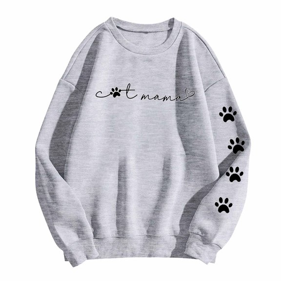 Cat Mom Sweatshirts for Women Cute Cat Mama Life Pullovers Trendy Paw Pet Lover Long Sleeve Hoodless Workout Shirt Drop Shoulder Comfortable Crewneck Tops Grey XXL