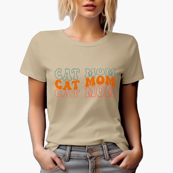 Cat Mom, Title for Moms of Cats, Groovy Retro Wavy Text Merch Gift, Tan T-Shirt, Small
