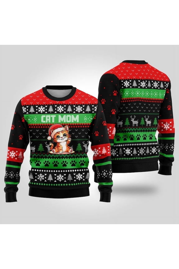 Cat Mom Ugly Christmas Sweater, Funny Holiday Sweatshirt, Cute Xmas Gift for Cat Lovers, Tacky Christmas Sweater Party Outfit