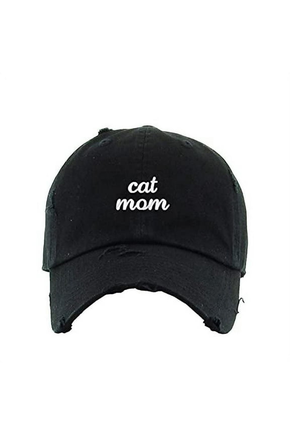 Cat Mom Vintage Baseball Cap Embroidered Cotton Adjustable Distressed Dad Hat Black