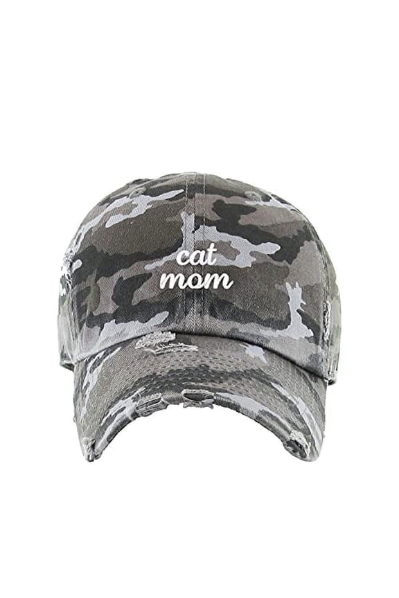 Cat Mom Vintage Baseball Cap Embroidered Cotton Adjustable Distressed Dad Hat Gray Camo