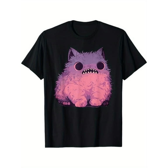 Cat Monster Graphic Kawaii Pastel Goth Anime Aesthetic Goth T-Shirt, Black S-5XL Kawaii Monster Graphic T-Shirt 100 Percent Cotton Soft Crew Neck Top Pastel Goth Aesthetic Design Unisex Gift For Anim