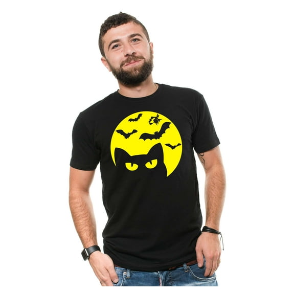 Cat Moon Bat Shirt Halloween Scary Shirt Scary Cat Shirt Horror Shirts Halloween Cat Shirts (Medium Black)