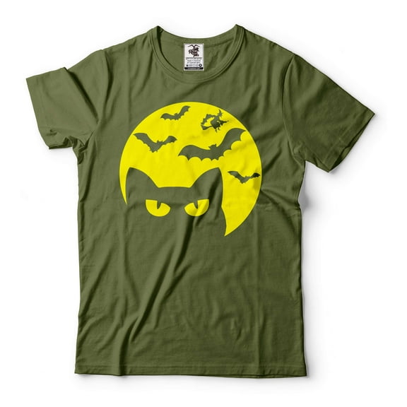 Cat Moon Bat Shirt Halloween Scary Shirt Scary Cat Shirt Horror Shirts Halloween Cat Shirts (Small Military Green)
