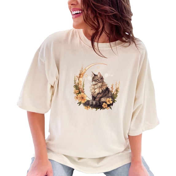 Cat and Moon Floral Design Graphic T Shirt, Cute Cat Graphic Tee, Moon and Stars Cat Lovers Shirt, Artistic Cat T Shirt Gift Idea, Ivory Comfort Colors T-Shirt, 3XL