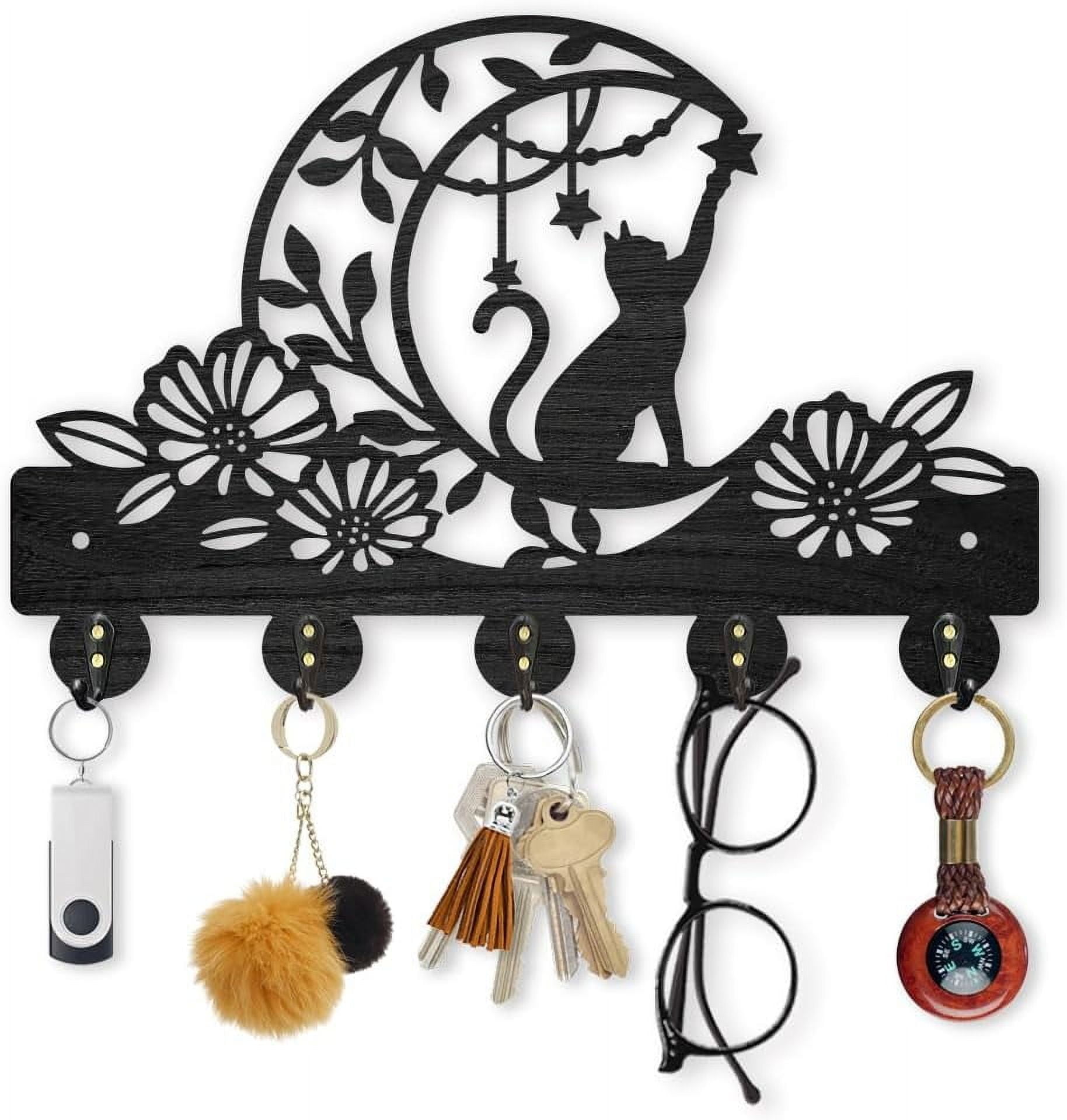 Cat Moon Flower Coat Rack Wall Mounted Wood Animal Moon Star Key Hanger ...