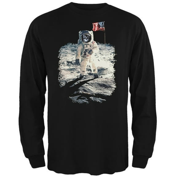 Cat Moon Landing Black Adult Long Sleeve T-Shirt - Large
