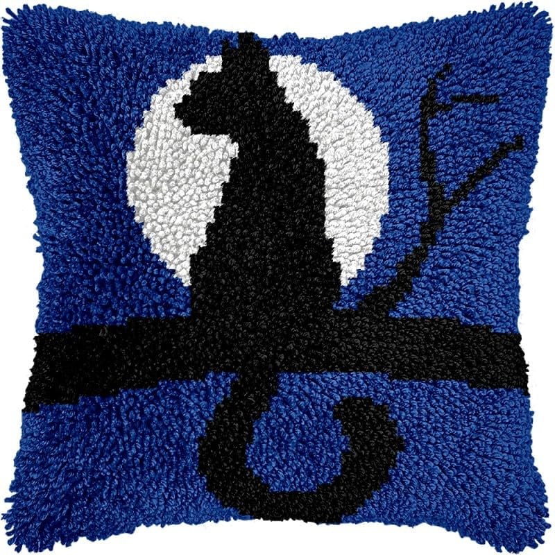 Cat under Moon Latch Hook Pillows Kits Cushion Pillow Cover with Pattern Printed Canvas Sofa Hooking Pillowcase Crafts Embroidery Latch Hooking Crochet Kits Set 17x17 inch(1)