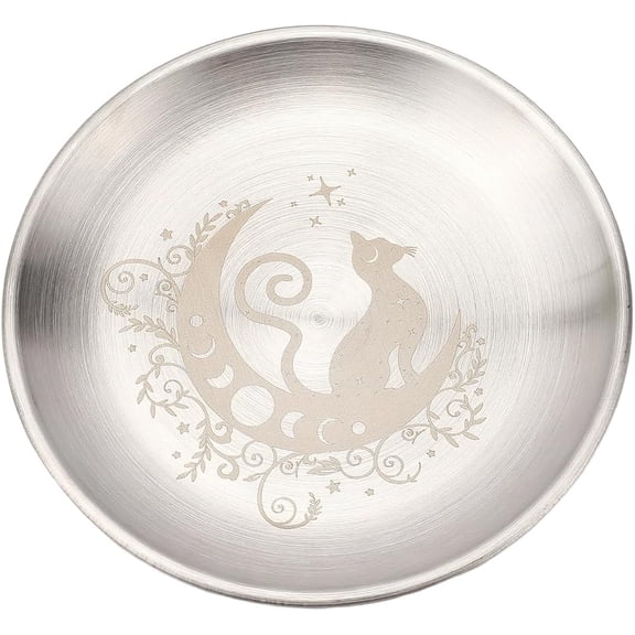 Cat Moon Ritual Plate Dish Stainless Steel Flat Bowl Round Silvery Tray Offering Bowl Dish Holder