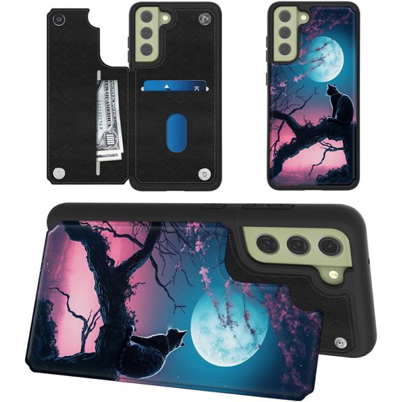 Cat Moon Sakura for Samsung Galaxy S25 Wallet Case with Card Holder, RFID Blocking Flip Soft PU Leather Kickstand Magnetic Closure Slim Purse Phone Case for Samsung Galaxy S25