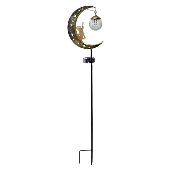 Cat Moon Solar Garden Stake Light, 33.5" Solar Crescent Pathway Lights with Hollow Star Design, Crackle Ball Light LED Stake Lamp for Outside Yard Patio Lawn Outdoor Decor