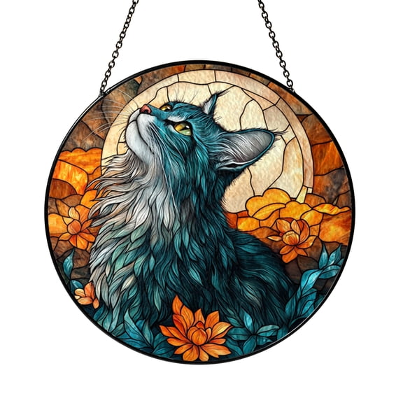 Cat Moon Stained Glass Suncatcher – Fantasy Sunset Window Hanging Decor