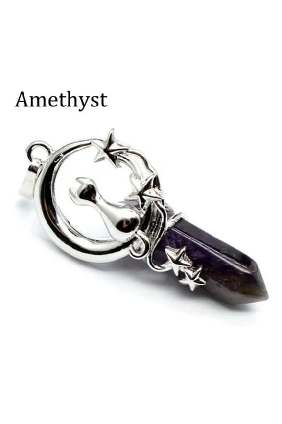 Cat Moon Star Pendant Natural Crystal Chakra Hexagonal Pointed Quartz Gift Reiki