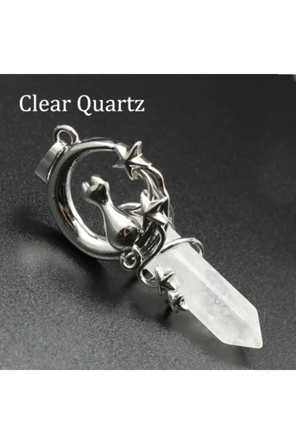 Cat Moon Star Pendant Natural Crystal Chakra Hexagonal Pointed Quartz Gift Reiki