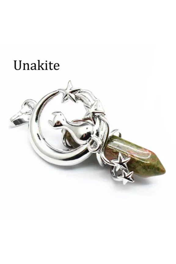 Cat Moon Star Pendant Natural Crystal Chakra Hexagonal Pointed Quartz Gift Reiki
