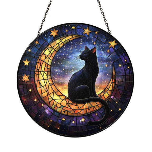 Cat Moon Window Panel with Stained Glass Effect, Decorative Night Sky Window Art with Star Elements