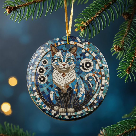 Cat Mosaic Ornament, Stained Glass Look, Round Ceramic Keepsake