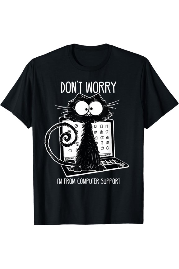 Cat Motif Black Cat Saying Computer Support T-Shirt