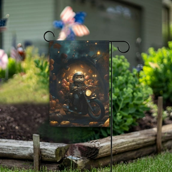 Cat Motorcycle Pumpkins Garden Flag Double Sided Outdoor Banners for Courtyard Outdoor Lawn Farmhouse Holiday Decorations