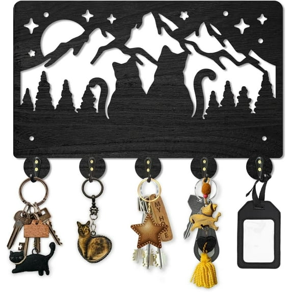 Cat Mountain Moon Coat Rack Wall Mount Animal Starry Sky Wood Key Hooks for Wall 11.8×7.9inch Black Key Holder Hanger Wall Art Decor with 5 Alloy Hooks for Gift Hallway Entryway Kitchen
