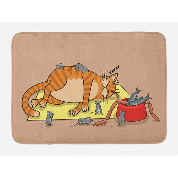 Cat and Mouse Bath Mat, Colorful Cartoon Image of a Big Lazy Animal and Many Mice and Fish, Plush Bathroom Decor Mat with Non Slip Backing, 29.5" X 17.5", Almond and Multicolor, by Ambesonne
